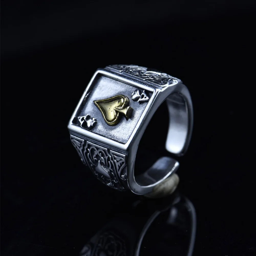 Retro Ace of Spades Ring For Men Silver Color Punk Gothic Open Ring Designer Jewelry Unisex Accessories Creative Peace Art Gift