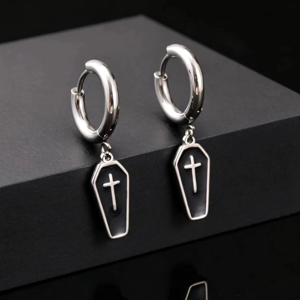 Gothic Coffin Cross Dangle Earrings for Men — Stainless Steel