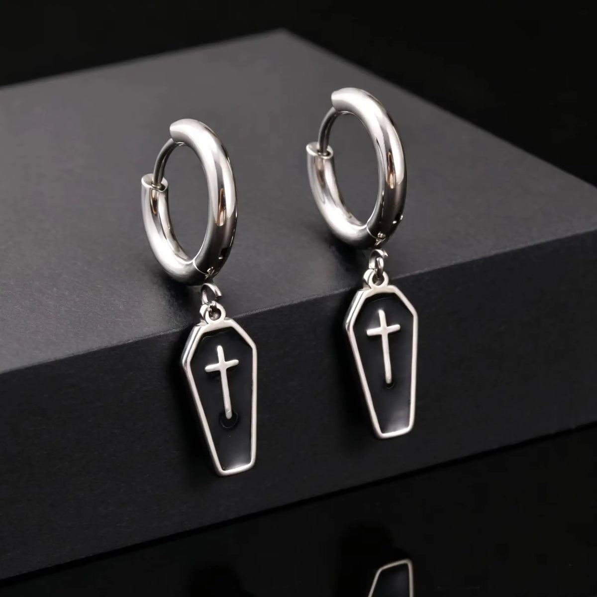 Gothic Coffin Cross Dangle Earrings for Men, Waterproof Stainless Steel Punk Earrings, Unique Fashion Piercing Jewelry Gift
