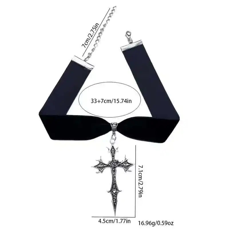 Spiked Bat Cross Choker — Black Velvet