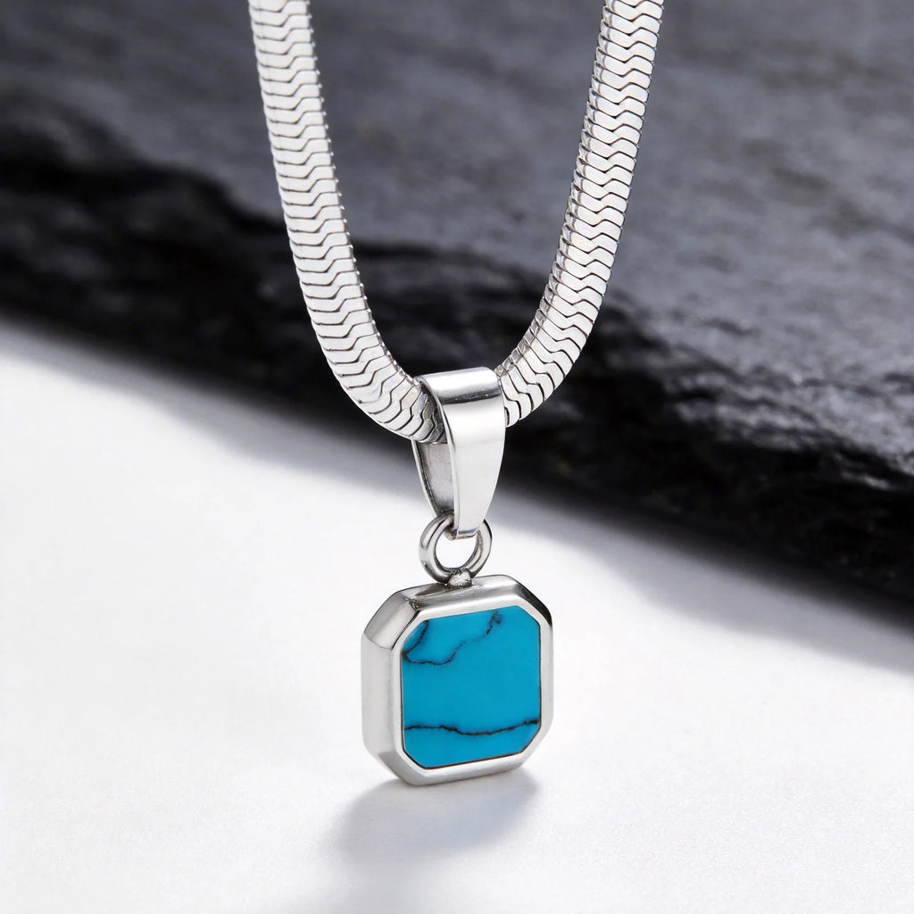 Vnox Geometric Square Natural Stone Pendant Necklace for Men, Gold Silver Color Stainless Steel Blade Chain, Trendy