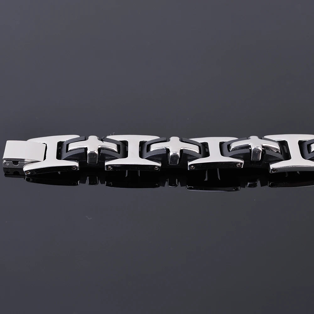 Religious Cross Men's Bracelets & Bangles Stainless Steel Black Silicone ID Bracelets for Man Boys Male Jewelry Gifts
