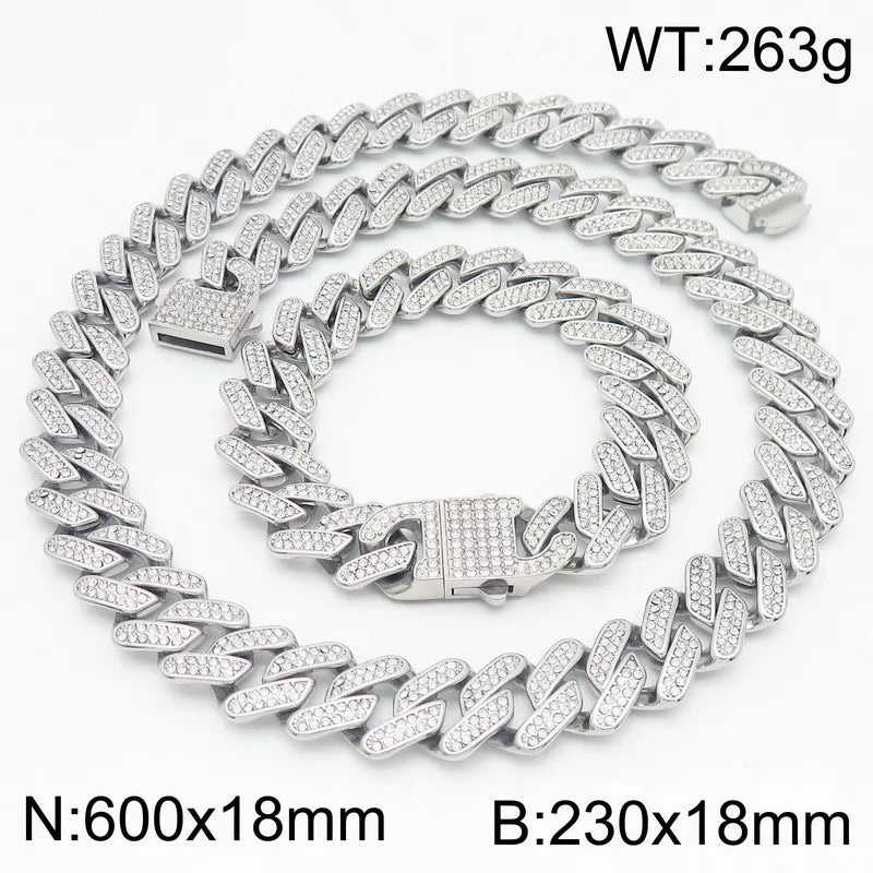 Hip Hop Rock Men's CZ Necklace & Bracelet Jewellery Set Luxury Waterproof Gold Color Stainless Steel Jewelry