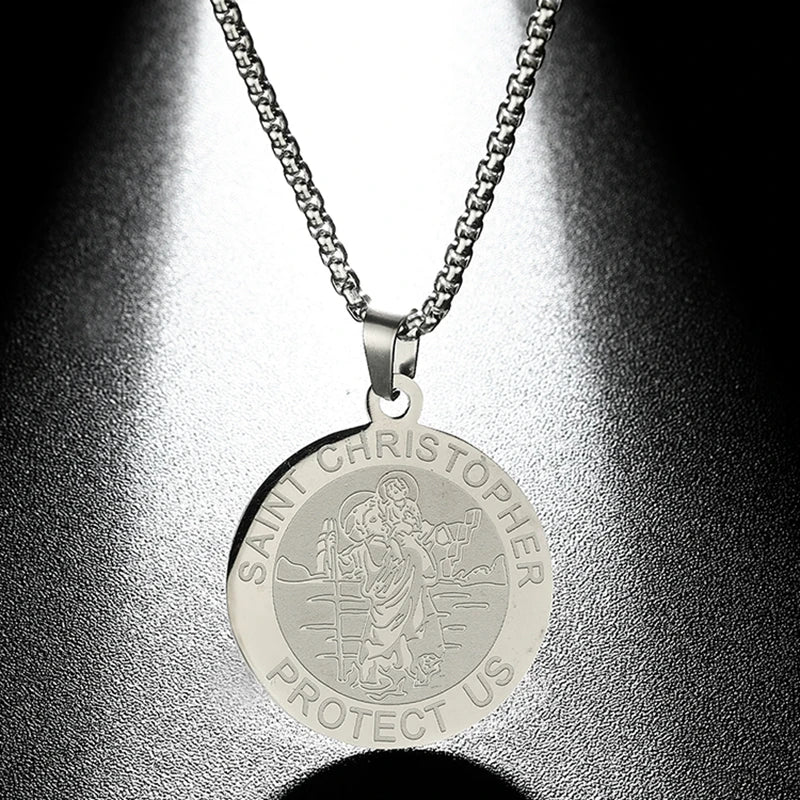 QIMING Dainty Saint George Pendant Necklace For Men Stainless Steel Warrior St. George's Dragon Medallion Mythology