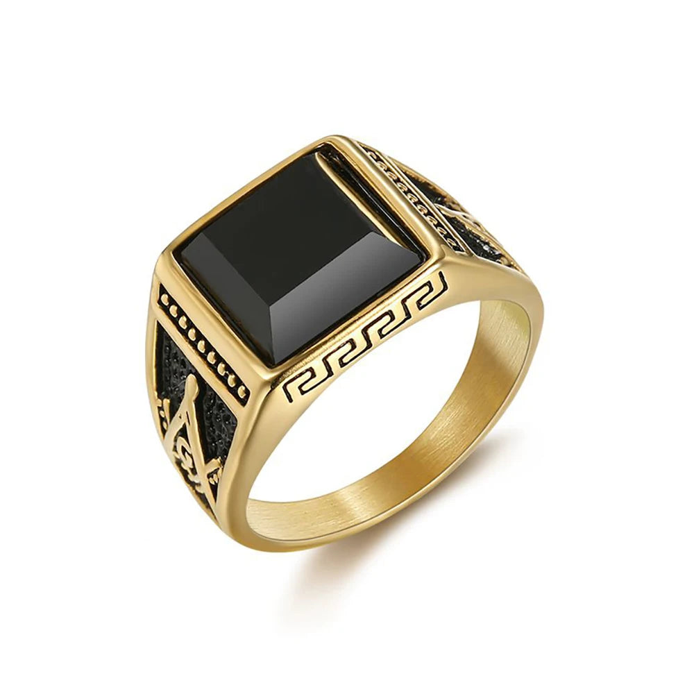 Vintage Black Square Rings For Men Women 316L Stainless Steel Gothic Fashion Masonic Letter G Ring Biker Jewelry Accessories