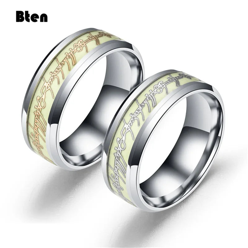 Bten Luminous Ring Black Fashion Man Minimalist Stainless Steel Ring Glowing Ring Couple In The Dark Jewelry Black