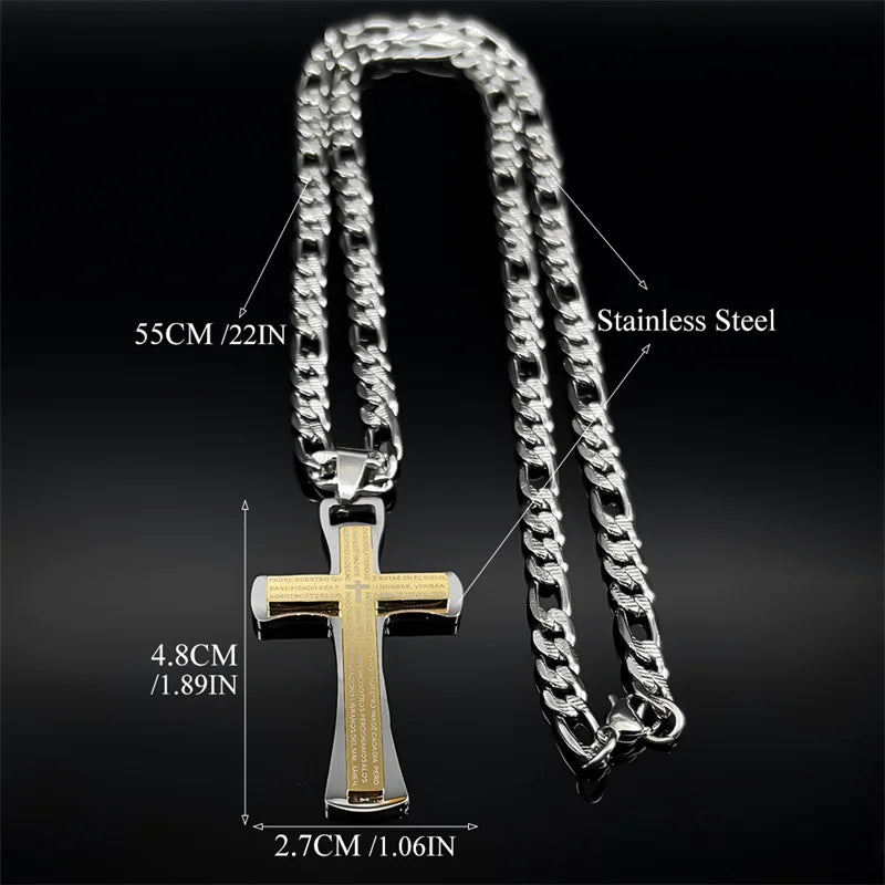 Lord's Prayer Jesus Cross Pendant Necklace — Stainless Steel
