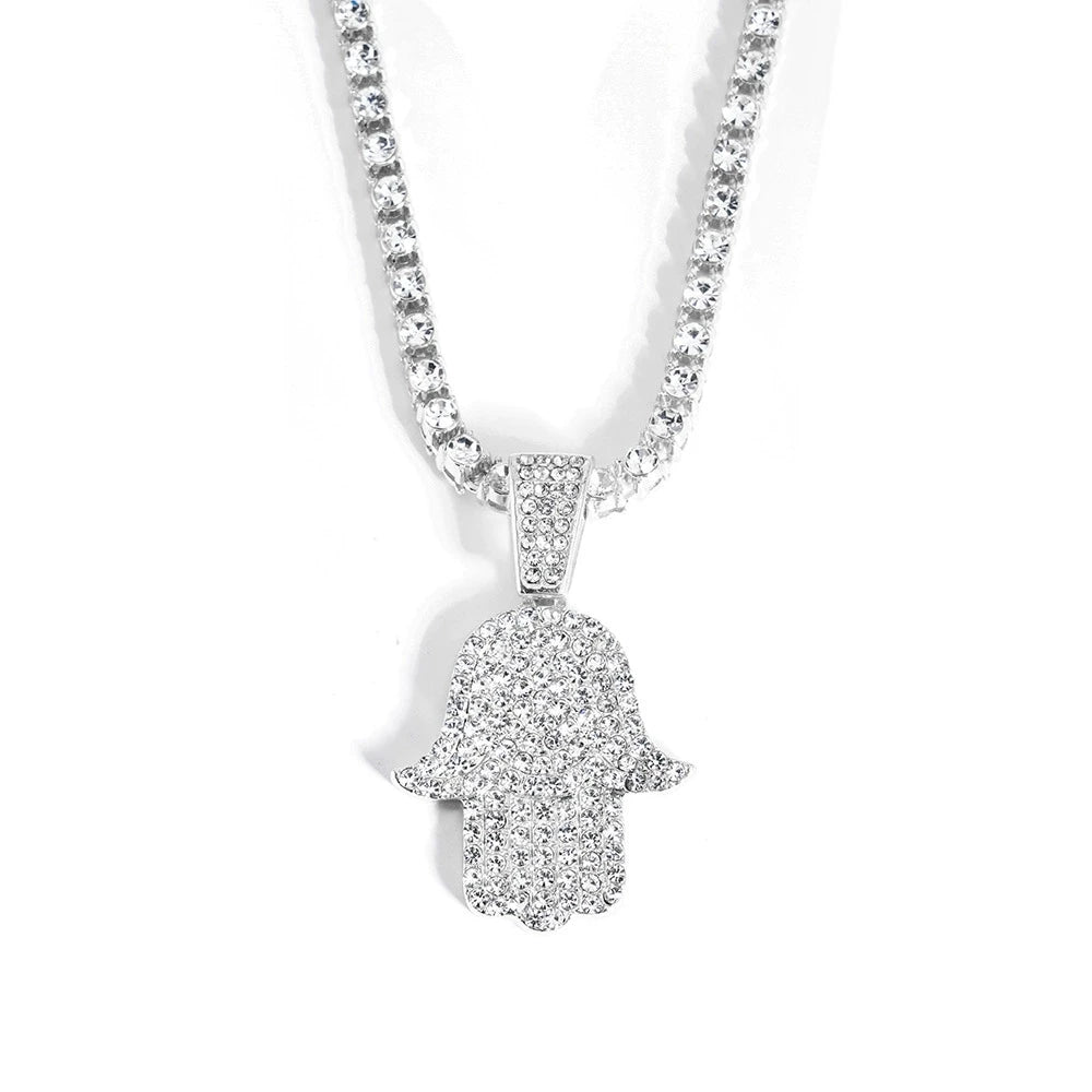 Men's Women Hip Hop Hamsa Hand Pendants Necklaces With 4mm Crystal Tennis Chain Punk  Rapper Jewelry Hiphop Style Couple Gifts