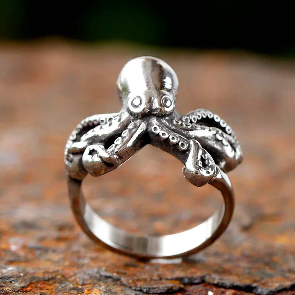2024 New 316L Stainless Steel Vintage COOL Octopus Ring With Patterns Gothic For Men Women Punk Motorcycle Jewelry