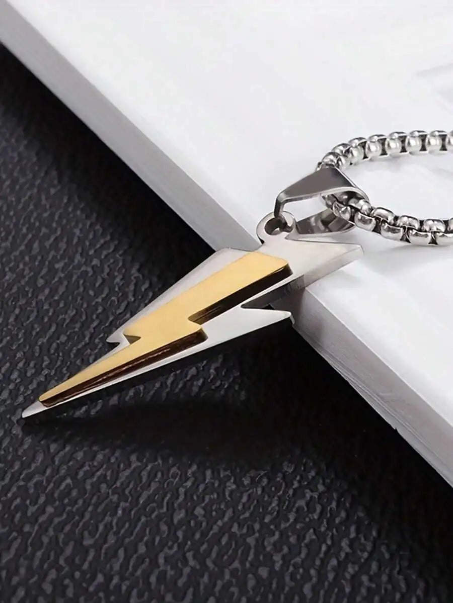 Two Tone Stainless Steel Lightning Bolt Pendant Necklace For Men Hip Hop Rock Streetwear Jewelry