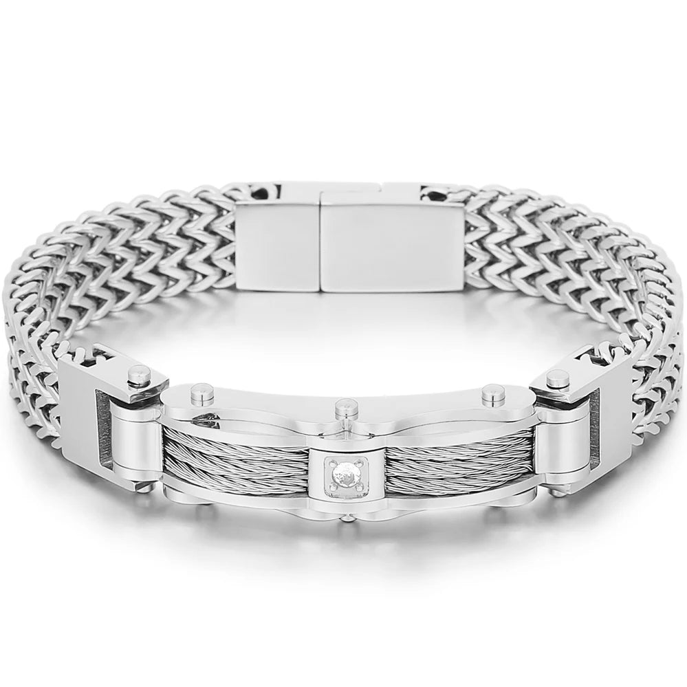 Stainless Steel Bracelet for Men 12MM Width Square Franco Link Chain Men's Bracelets With CZ & Magnet Clasp Gold Color