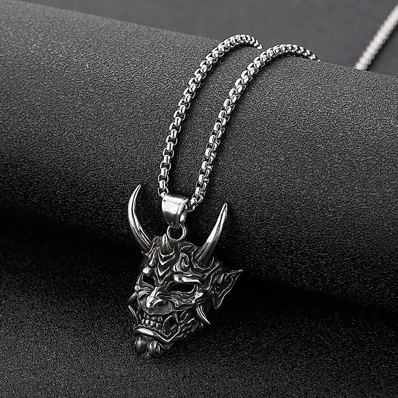 1Pcs Vintage Punk Demon Mask Samurai Ghost Pendant Necklace Unisex Long Chain Hip Hop Rock Party Necklace Jewelry
