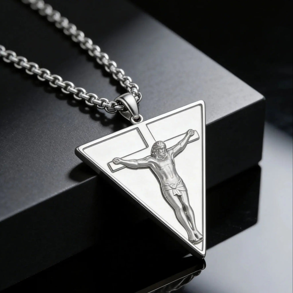 Catholic Jesus Cross Triangle Pendant Necklace — Stainless Steel