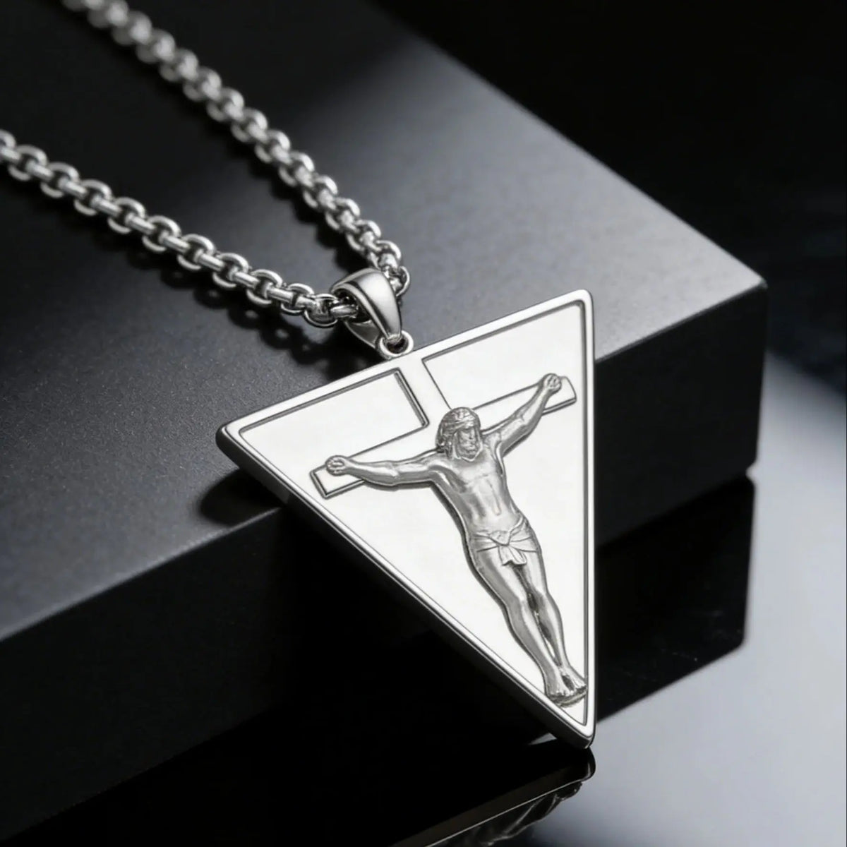 Catholic Jesus Cross Triangle Pendant Necklace — Stainless Steel