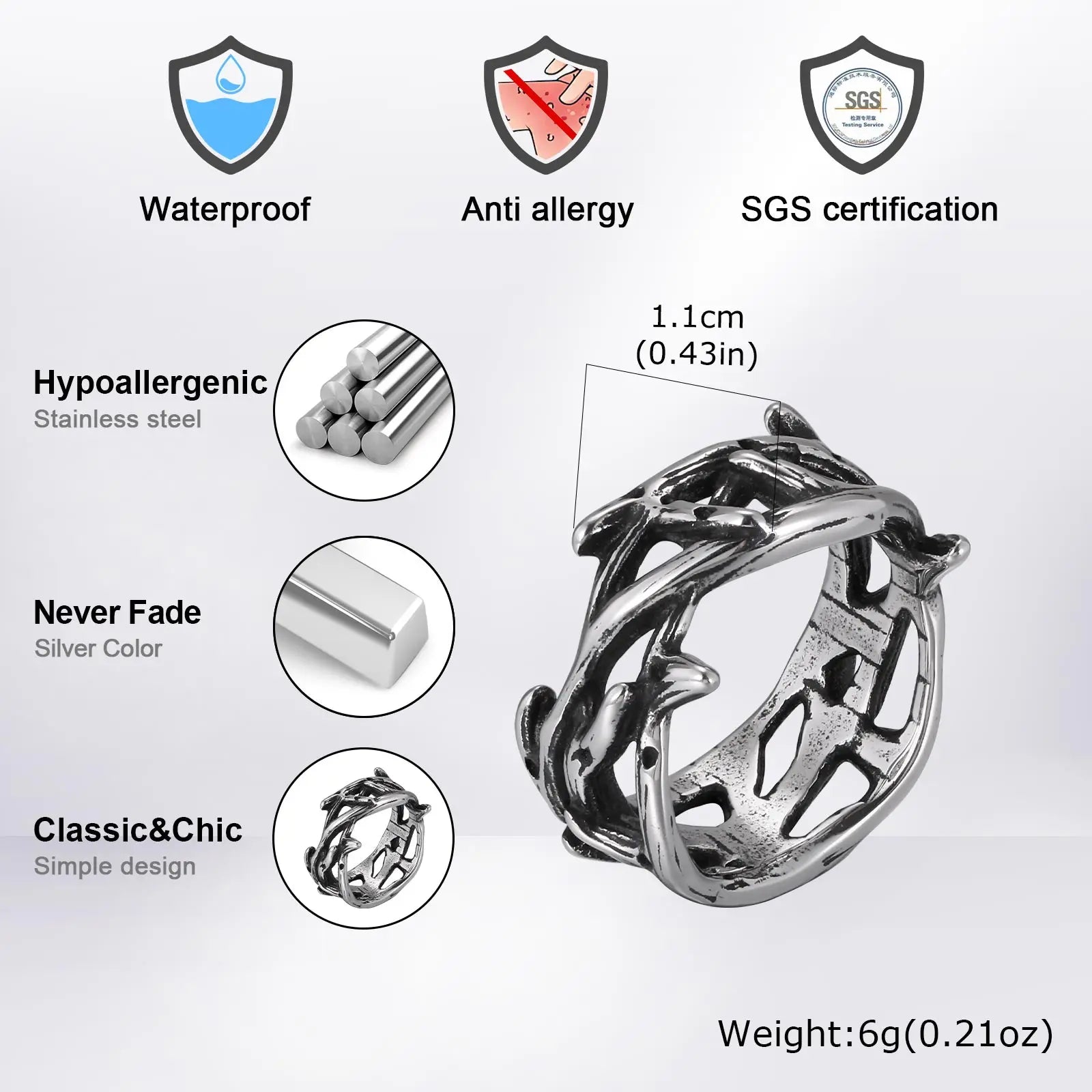Hollow Thorns Band Ring — Stainless Steel