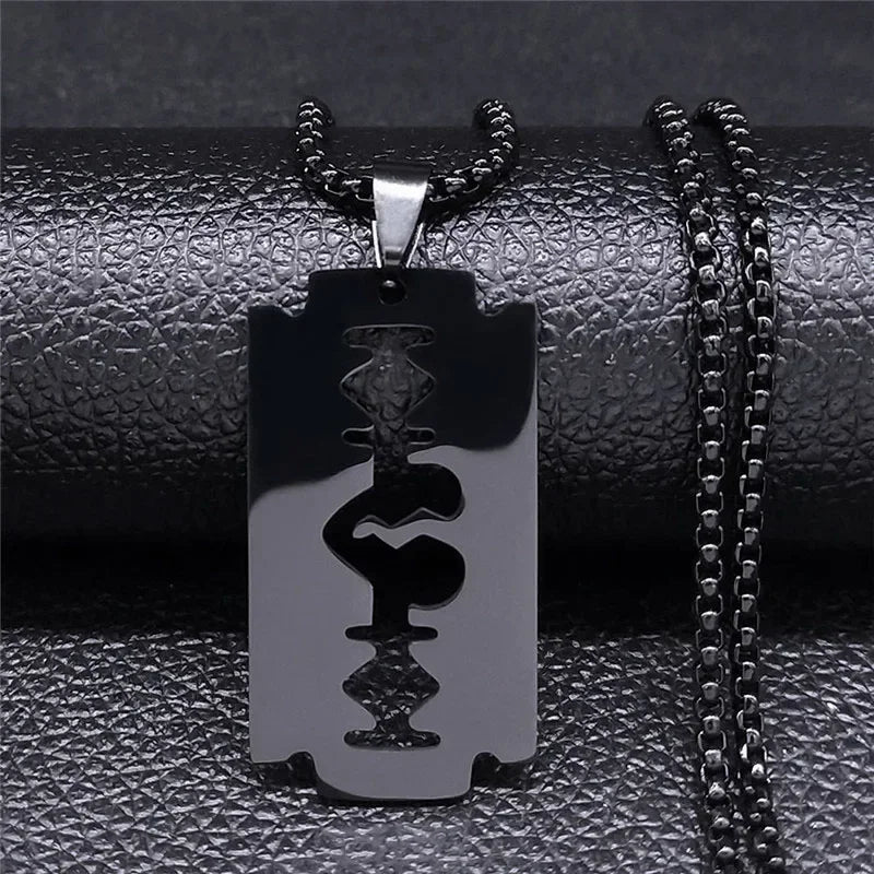 Razor Blade Long Necklace — Black Stainless