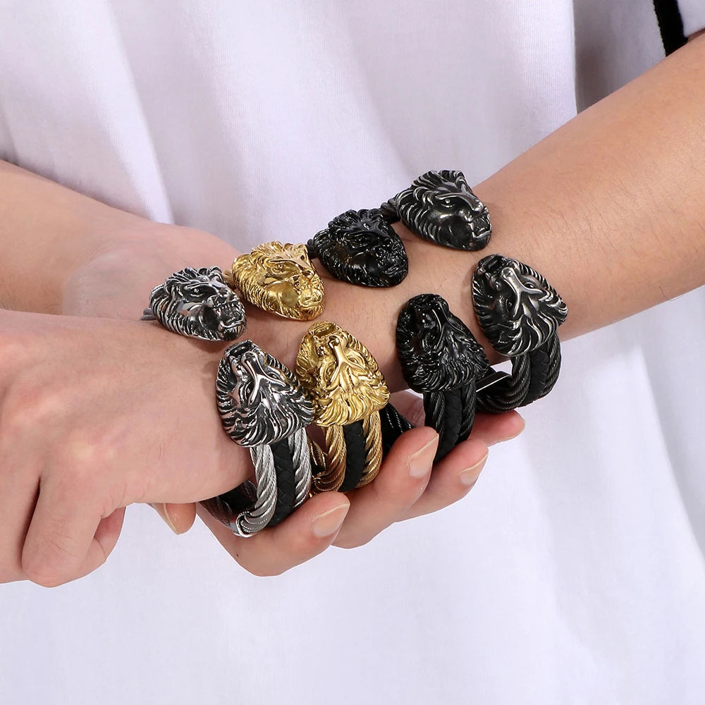 Gothic Elastic Double Lion Face Head Open Cuff Bangle Bracelet For Man Stainless Steel & Leather 12MM Twist Chain Mens