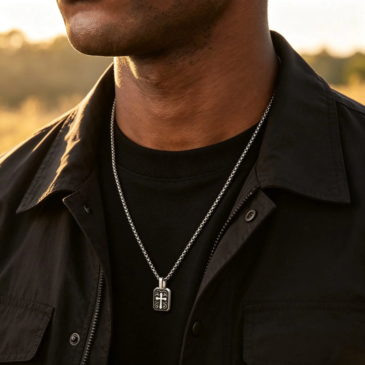 Black Enamel Cross Dog Tag Necklace — Stainless Steel