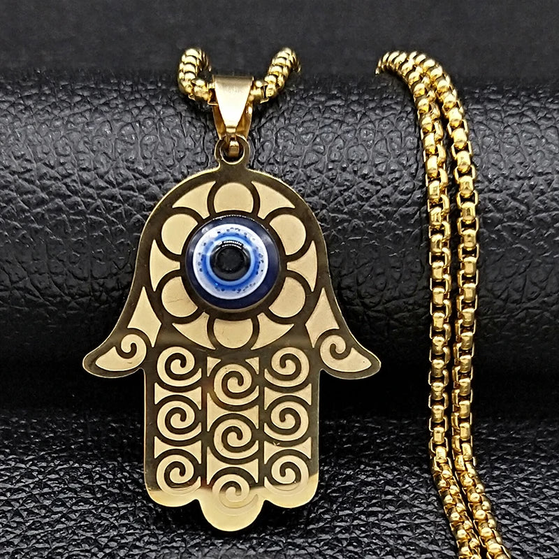 Hamsa Evil Eye Pendant Necklace — Stainless Steel