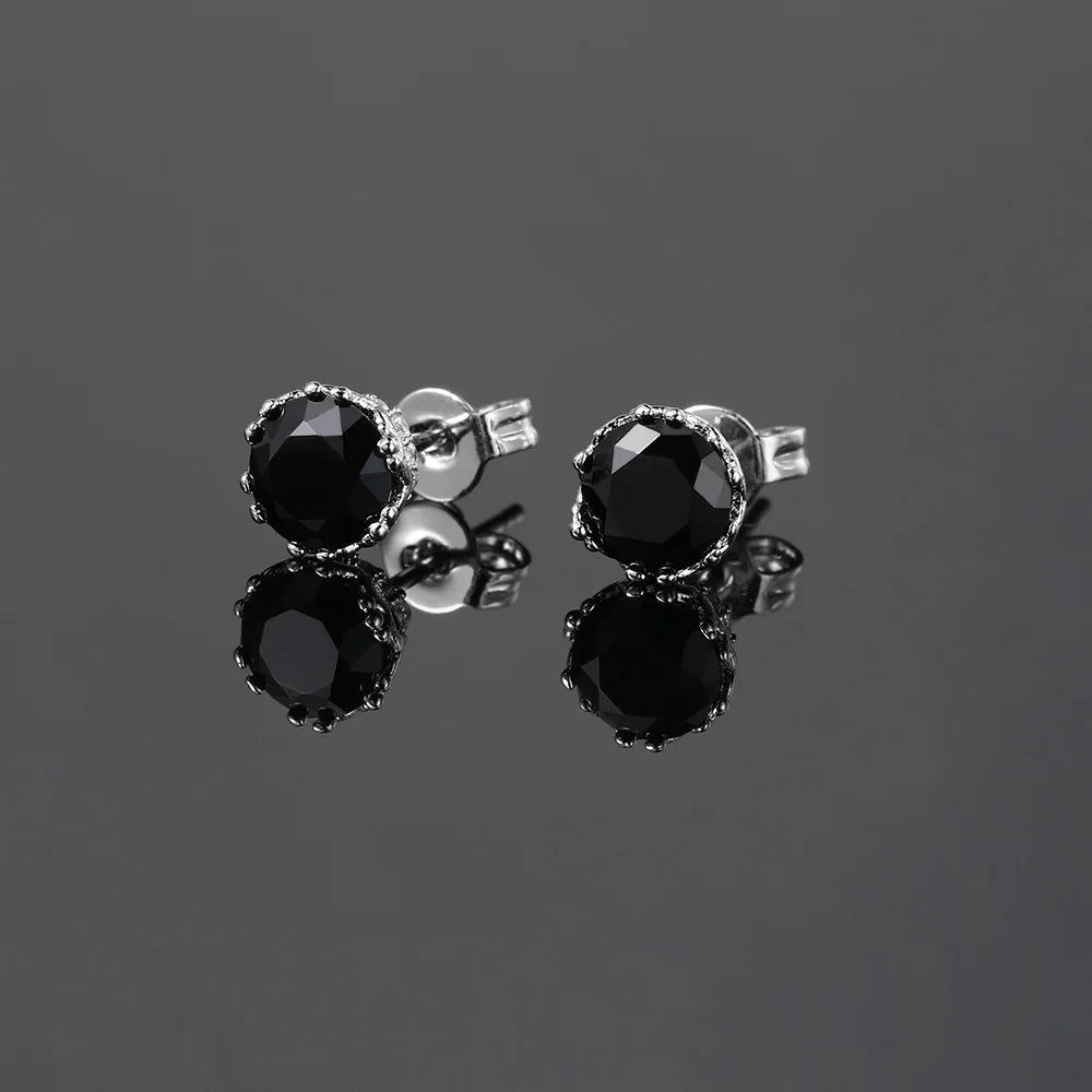 Black Crystal Stud Earrings — Silver