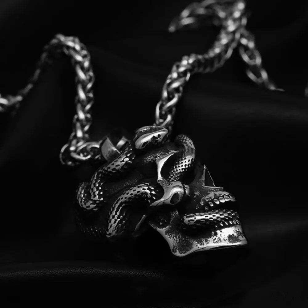 Vintage 3D Embossed Snake Skull Pendant Necklace Stainless Steel Fashion Jewelry Unisex Everyday Street Rock Party Holiday Gift