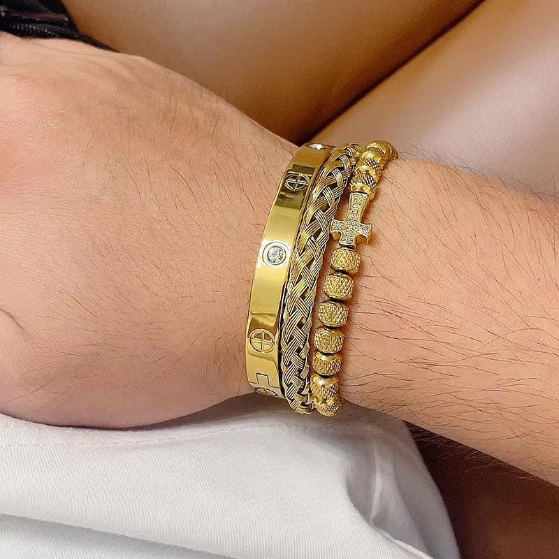 Luxury Stainless Steel Beads Cross Charms Man Bracelet CZ Bangles Women Jewelry Set Gift
