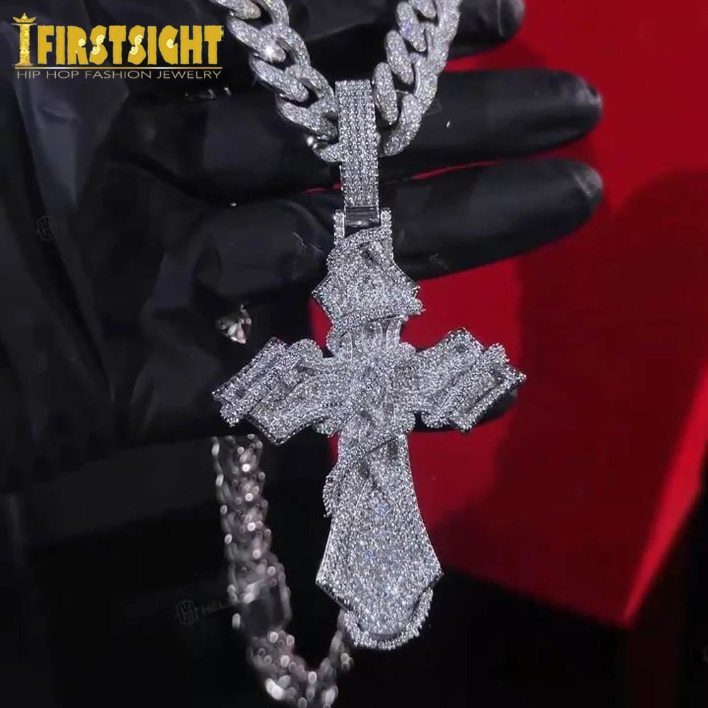 2026 New Iced Out Barbed Wire Wrapped Cross Pendant Necklace Silver Color Cubic Zirconia CZ Charm For Men Hip Hop Jewelry