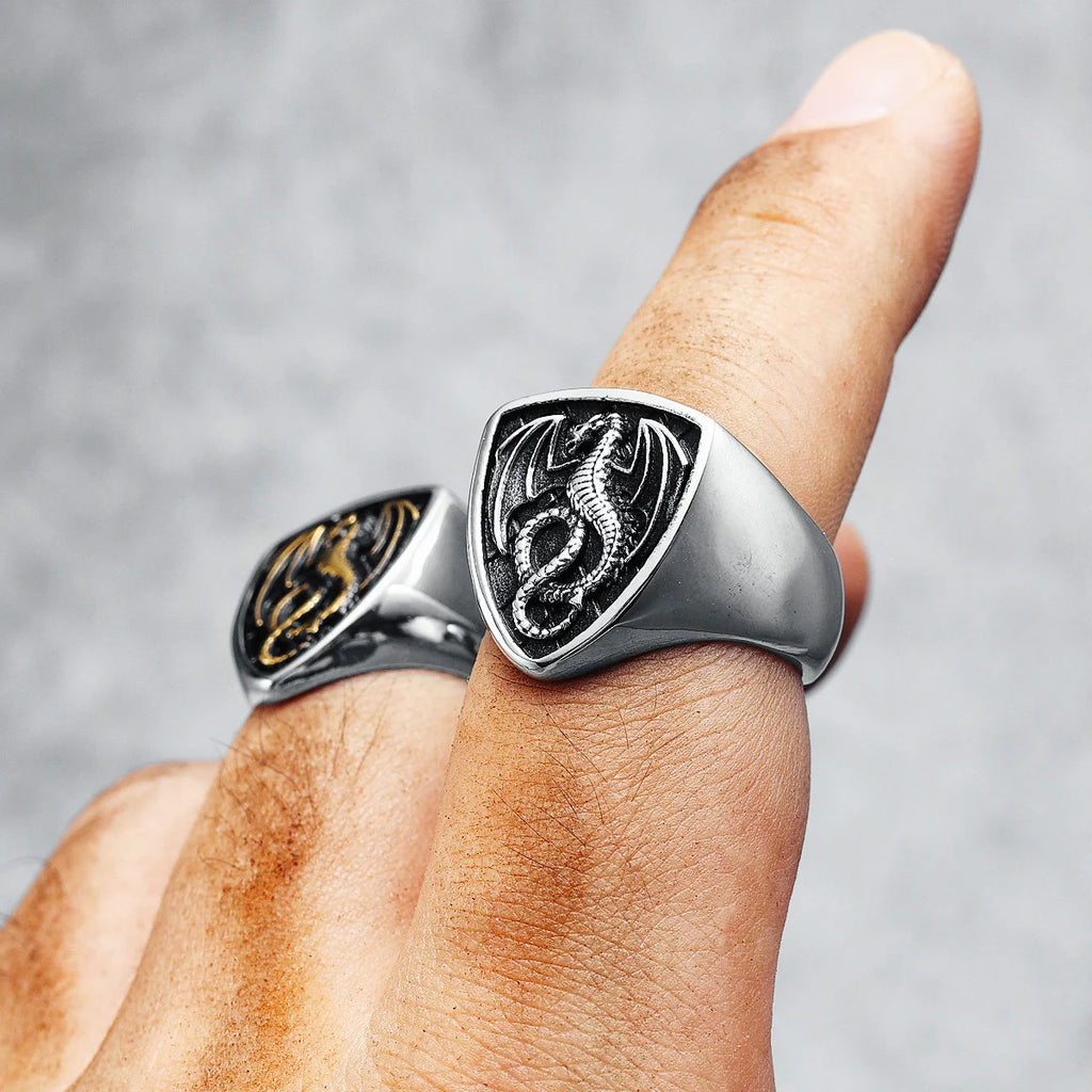 Dragon Shield Ring 316L Stainless Steel Men Rings Rock Punk Norse Myth for Biker Male Boyfriend Jewelry Best Creative