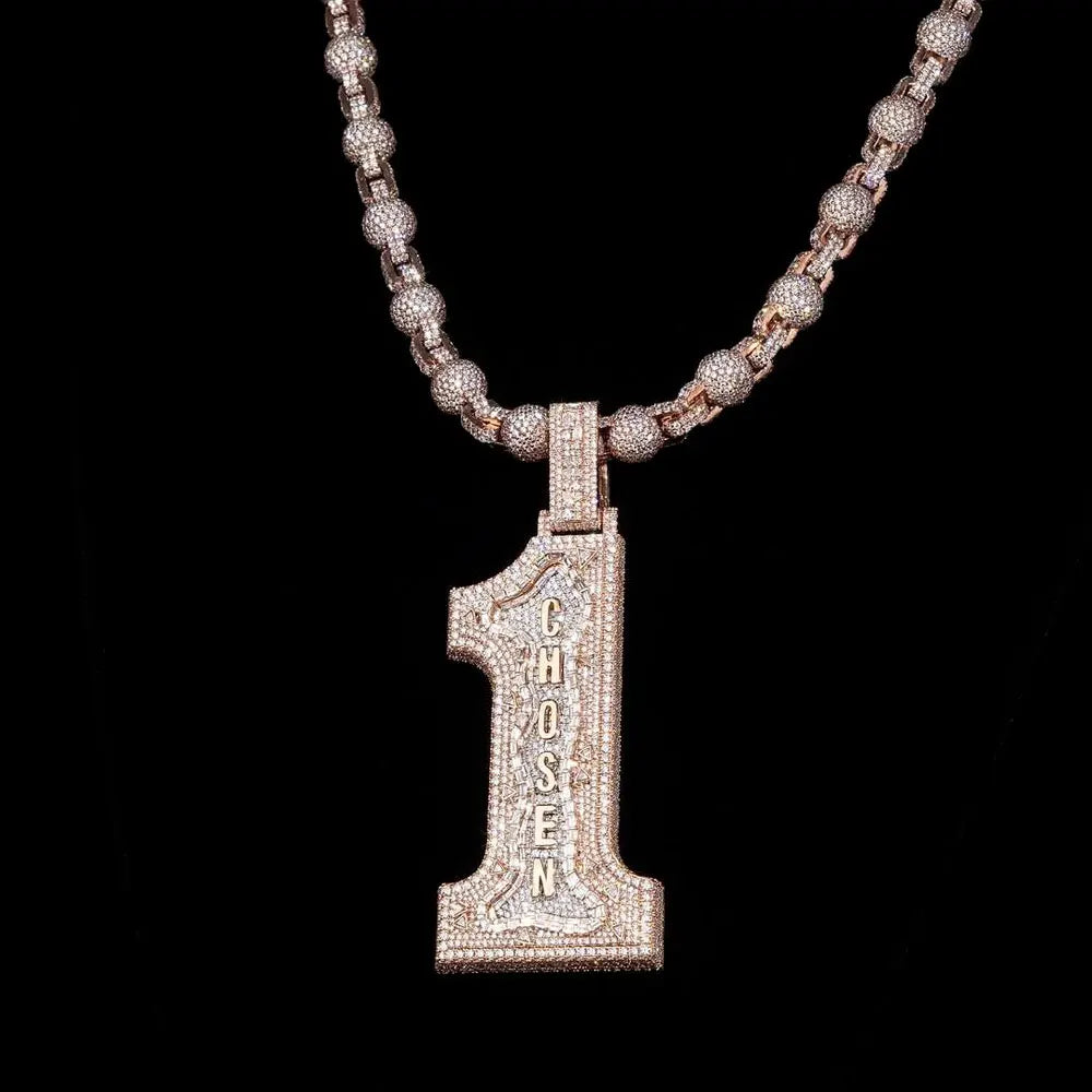 Iced Out Number 1 Pendant Necklace 'CHOSEN' Letter Rose Synthetic Zircon Hip Hop Jewelry for Men Rap Singer Style Men's