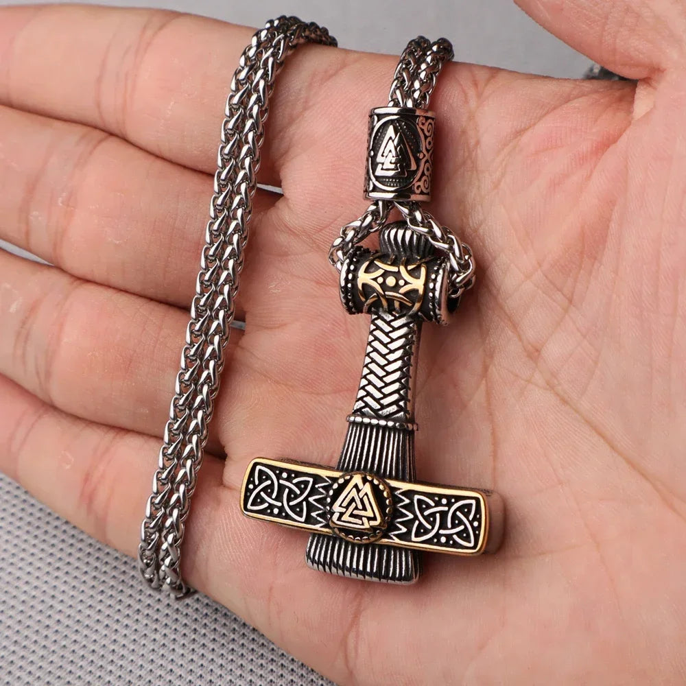 Multi Style Beaded Viking Thor's Hammer Pendant Necklace Stainless Steel Necklace Men Biker Mjolnir Amulet Jewelry