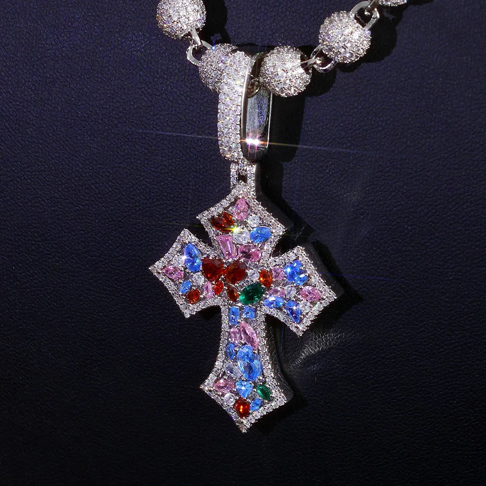 Cross Pendant Necklace Iced Out Colorful CZ