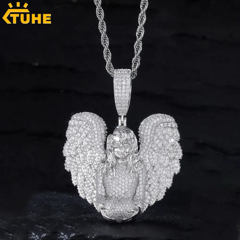 TUHE Copper Angel Wing Pendant Necklace Full Iced Out Cubic Zirconia Hip Hop Jewelry For Men Women Party Gift