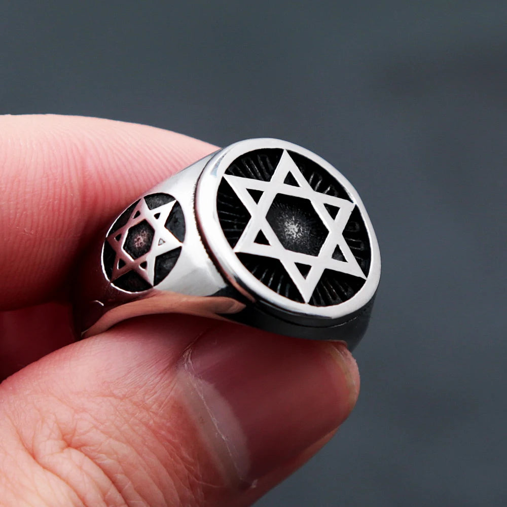 Punk Simple Star Of David Ring Fashion Stainless Steel Vintage Silver Color Hexagram Ring For Men Biker Amulet Jewelry Wholesale