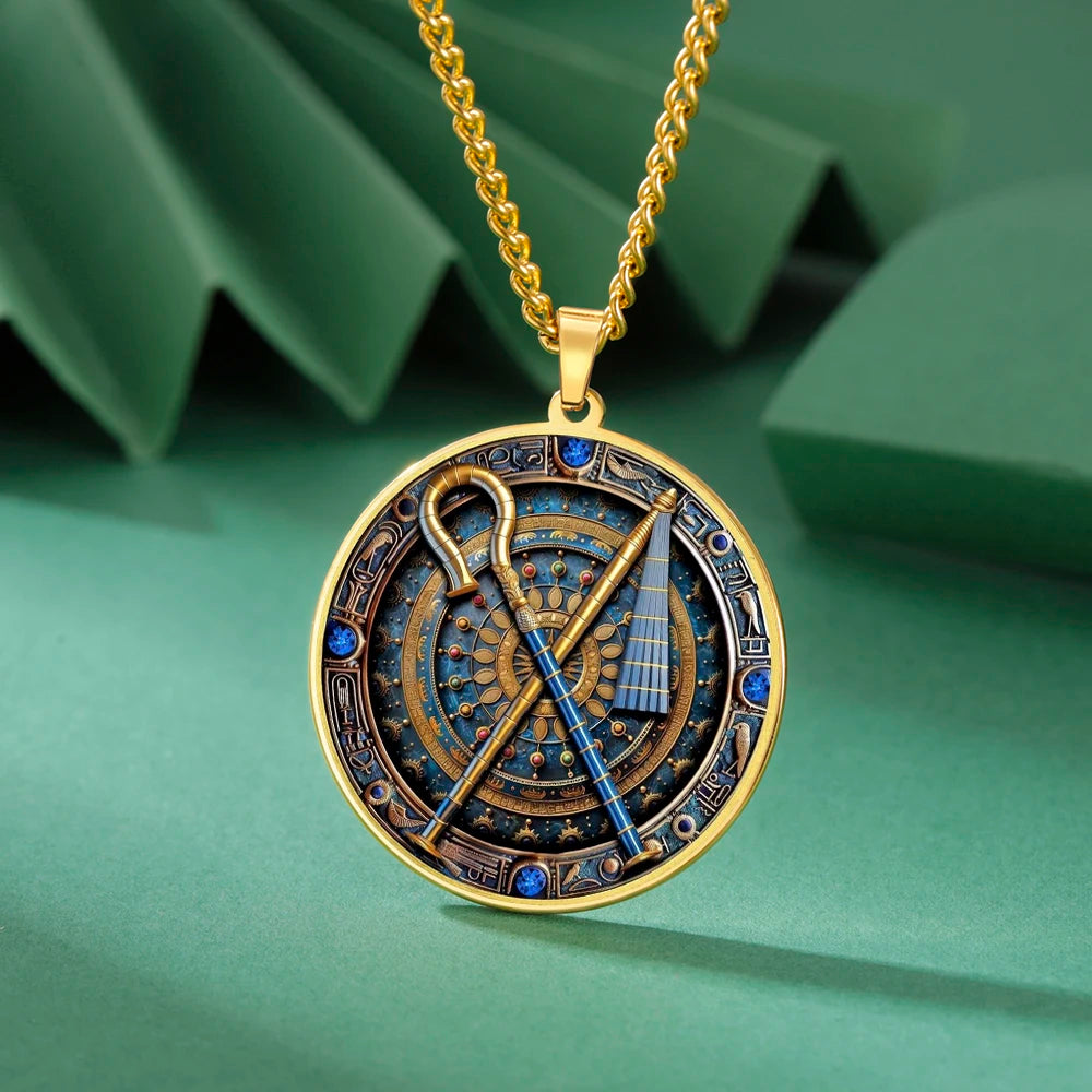 Dawapara Crook and Flail Pendant Necklace Ancient Egyptian Mythology Totem Symbol of Strength Stainless Steel Jewelry