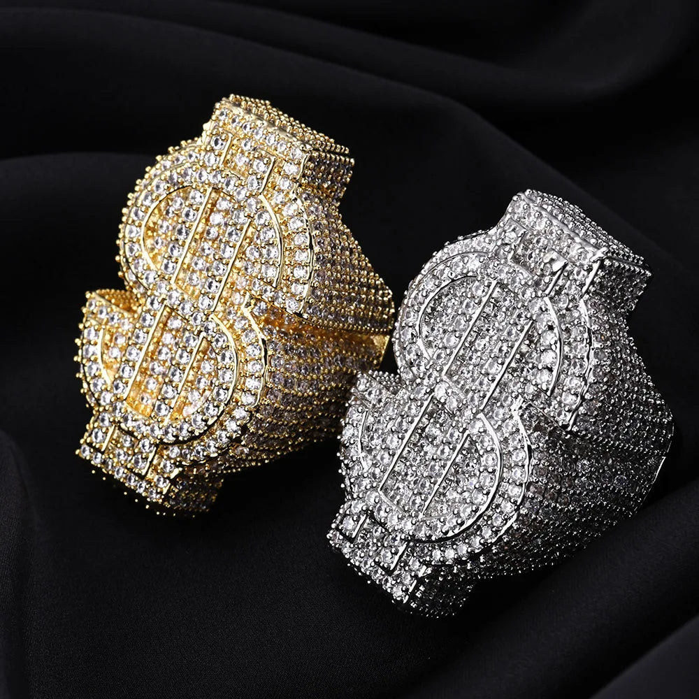 Gold Iced Out Money Sign Ring Statement