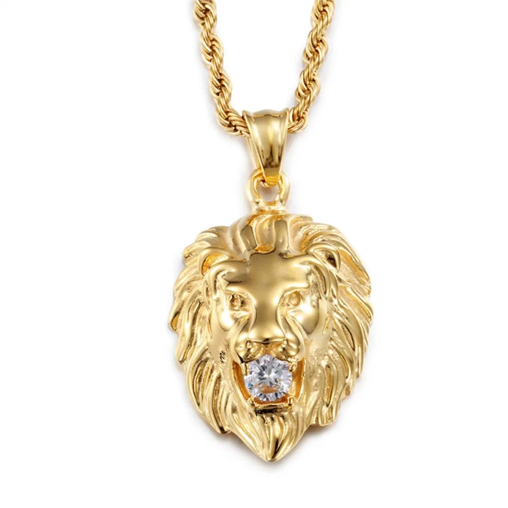 Gold Iced Out Lion Pendant Necklace CZ