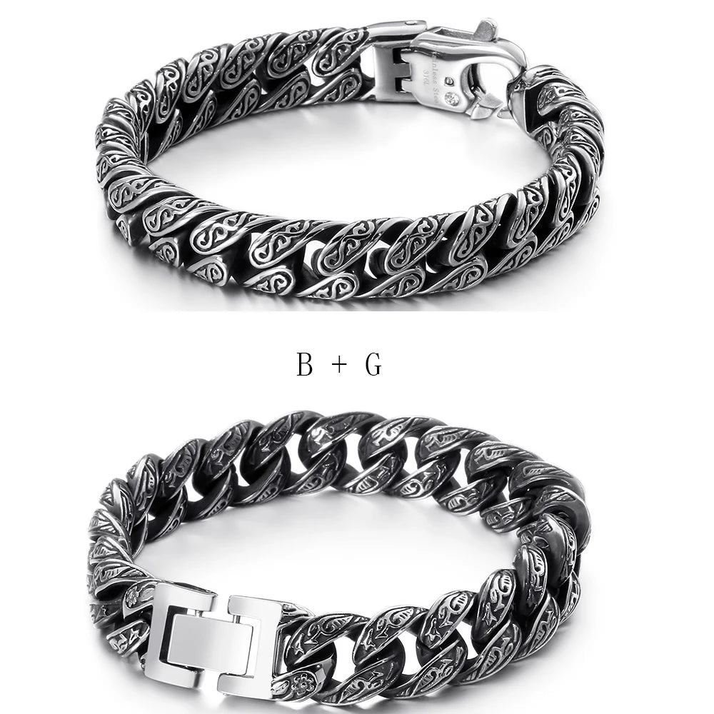 Man Bracelet Homme 12MM Wide Stainless Steel Curb Chain Charm Bracelets On Hand Bands for Men Vintage Mens Jewellery