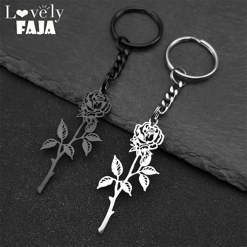 Rose Flower Silver Pendant Keychain — Stainless Steel