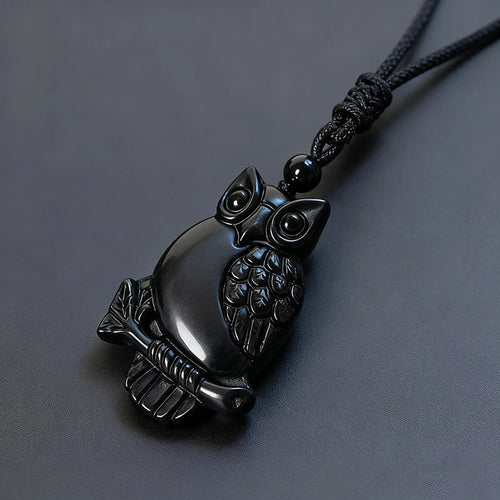 Carved Obsidian Owl Pendant Necklace — Black-Tone