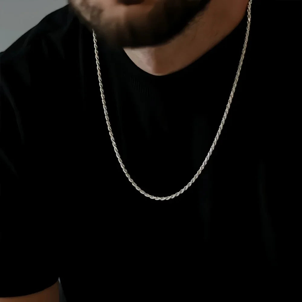 2mm Men Silver Color Twisted Twist Chain Necklace Simple Titanium Steel Choker Fashionable Non-fading Stainless Steel