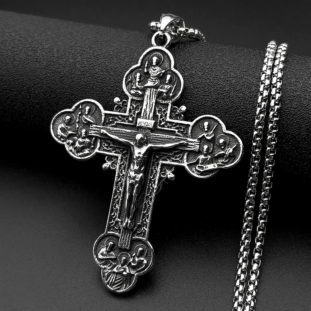 12 Apostles Jesus Crucifix Cross Christian Pendant Necklace for Women Men Stainless Steel Vintage 316L Amulet Chain
