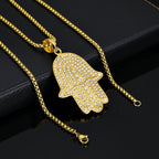 Iced Out Hamsa Hand of Fatima Pendant Necklace — Gold-Tone Steel