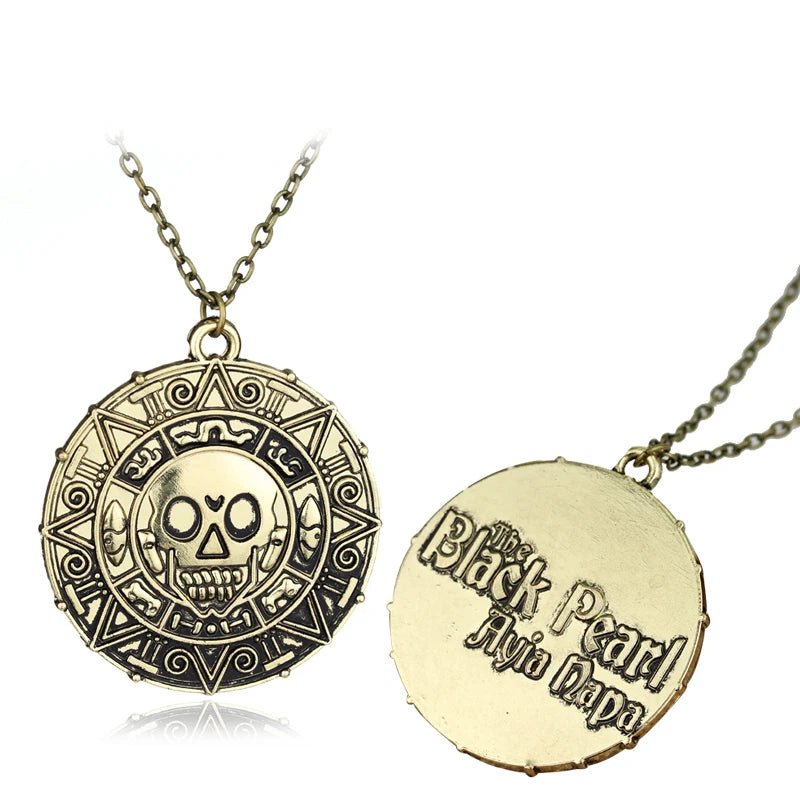 Movie Accessories Akg Pirates Of The Caribbean Aztec Gold Color Coin Necklace Retro Skull Pendant Punk Hip Hop Necklace