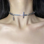 Retro Punk Choker Necklace Y2K Grunge Rock Hip Hop Necklace Silver Cross Pendant Chain Jewelry Necklace For Ladies For