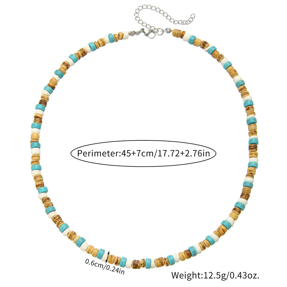 Wooden Coconut Shell Turquoise Bead Necklace — Two-Tone