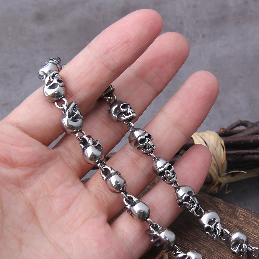 Stainless steel new design men punk skull chain necklace men fashion stainless steel charm bracelet jewelry with wooden