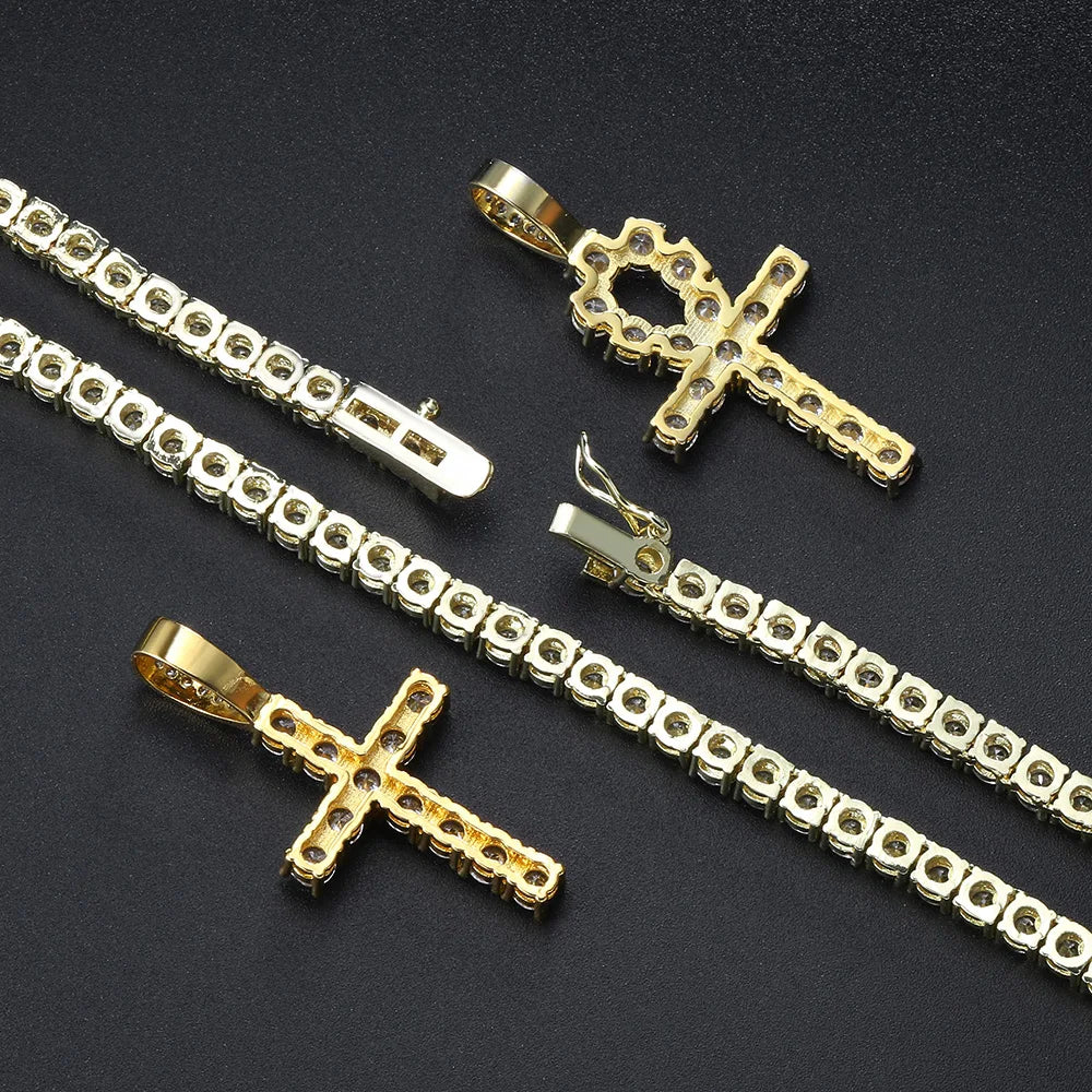 Iced Out Tennis Cross Pendant — Gold