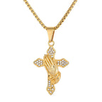 Iced Out Praying Hands Cross Pendant — Gold