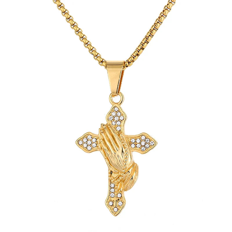 Iced Out Praying Hands Cross Pendant — Gold