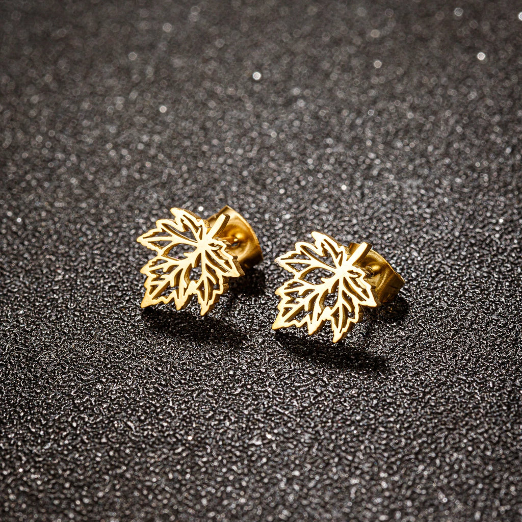 Hollow Maple Leaf Stud Earrings Classic Simple — Stainless Steel